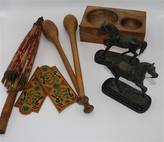 Wooden money scoop, door plates, spelter horses, etc